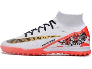 Chuteira Society Nike Air Zoom Mercurial Superfly IX Elite Cano Alto Branco Com Detalhes Laranja