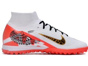 Chuteira Society Nike Air Zoom Mercurial Superfly IX Elite Cano Alto Branco Com Detalhes Laranja